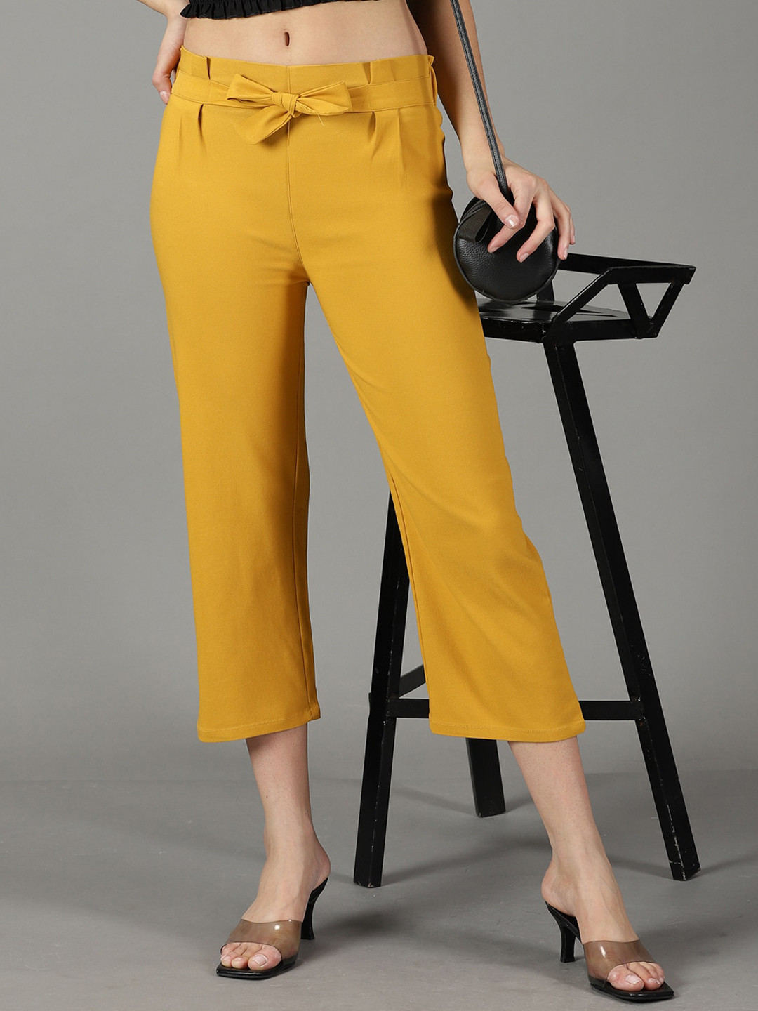 

SHOWOFF Women Cotton Relaxed Straight Fit High-Rise Trousers, Mustard