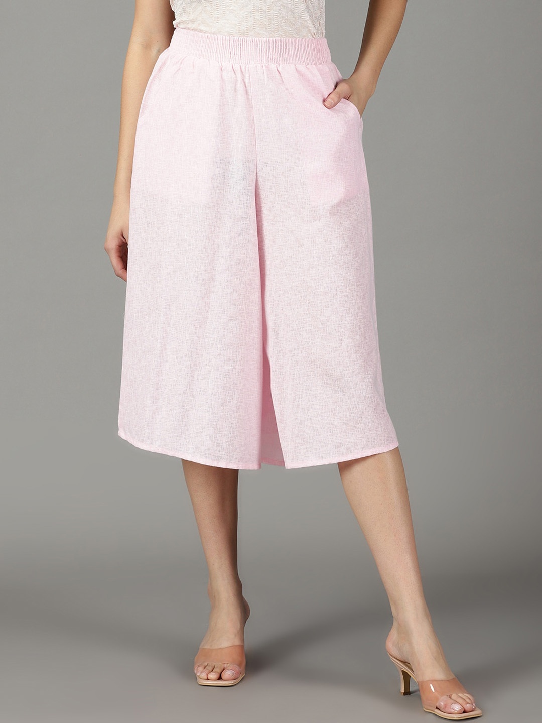 

SHOWOFF Women Relaxed Straight Fit High-Rise Linen Culottes, Pink