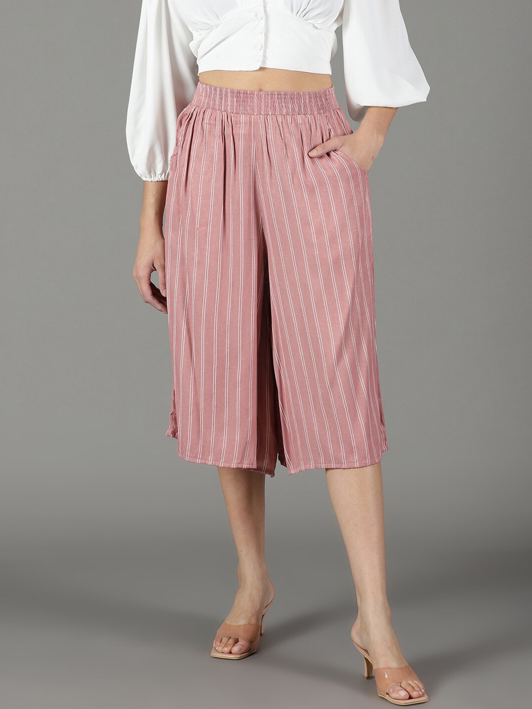 

SHOWOFF Women Striped Flared High-Rise Culottes Trousers, Mauve