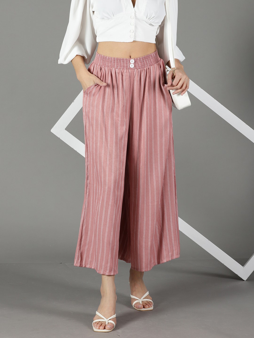 

SHOWOFF Women Flared High-Rise Pleated Cotton Trouser, Mauve