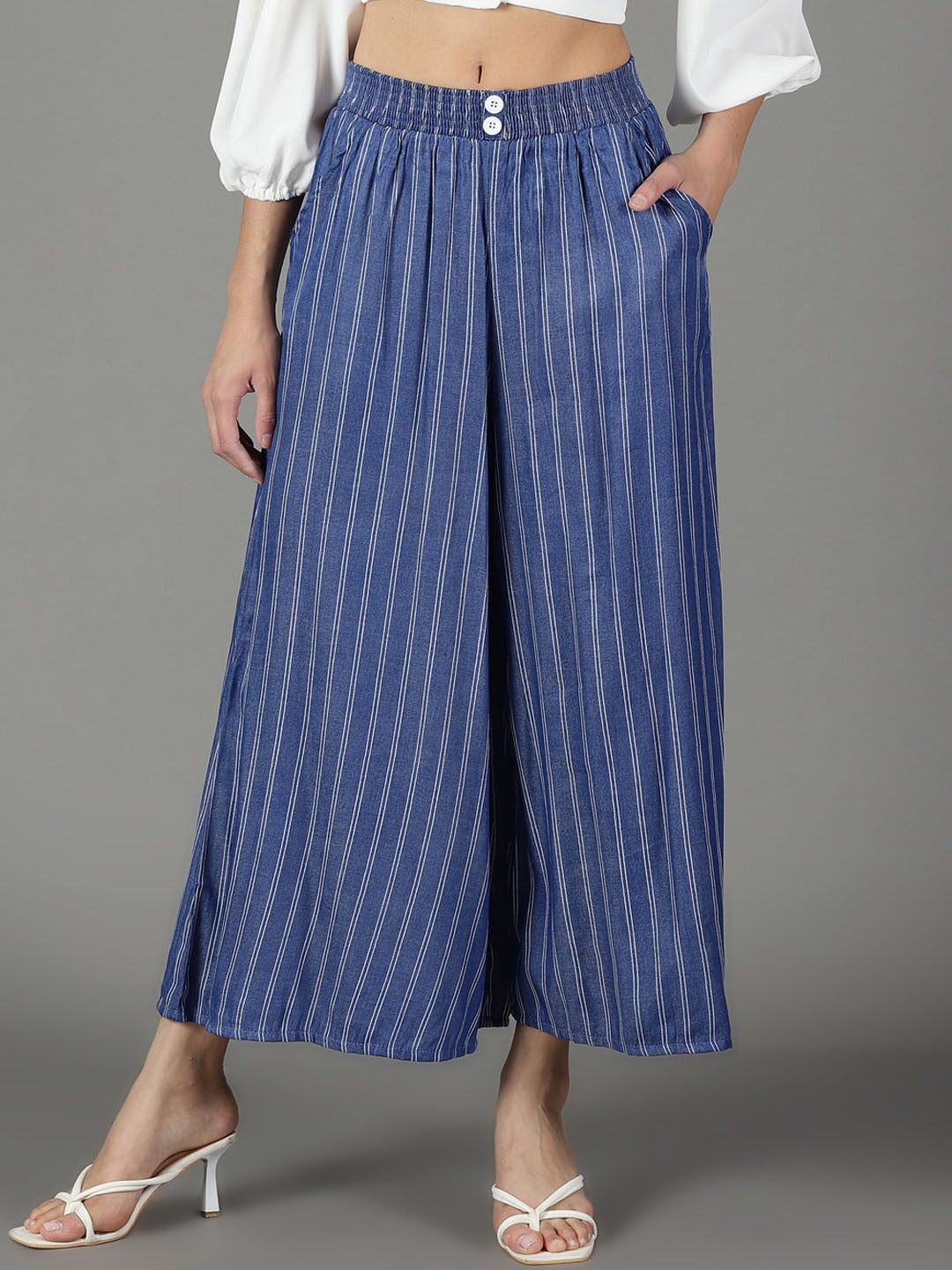 

SHOWOFF Women Flared High-Rise Pleated Cotton Culottes Trouser, Blue