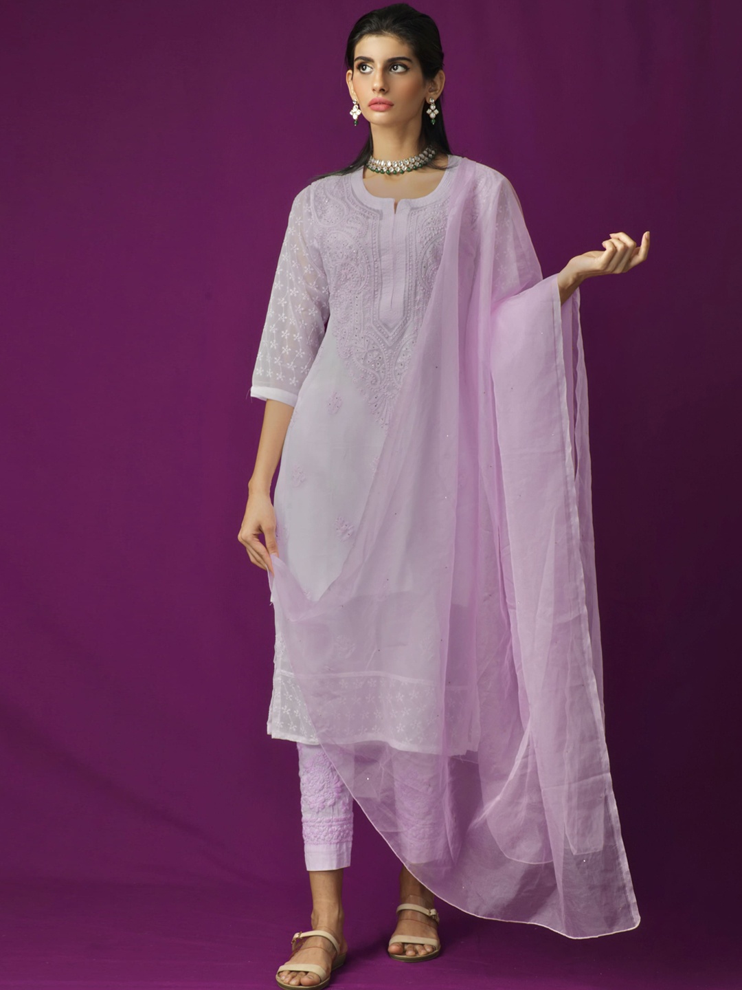 

LABEL AISHWARYRIKA Floral Embroidered Chikankari Silk Georgette Kurta Set, Pink