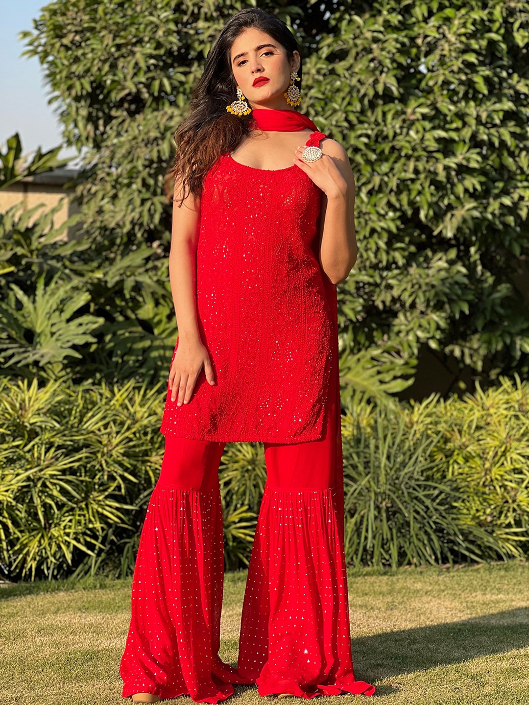 

LABEL AISHWARYRIKA Women Floral Embroidered Kurta With Sharara & Dupatta, Red