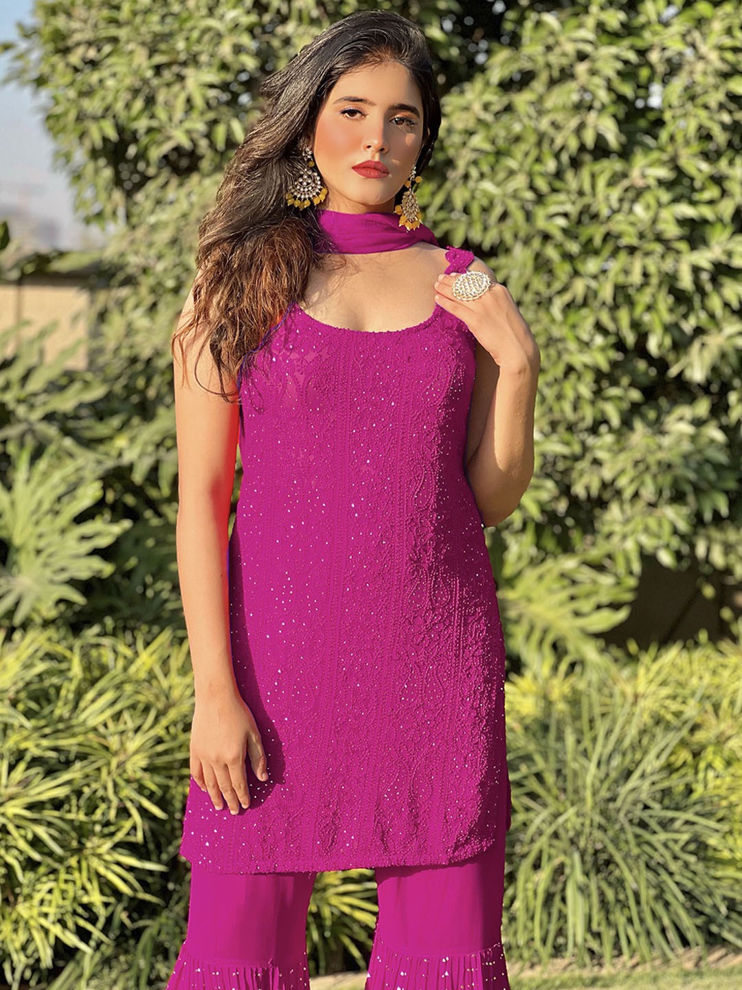 

LABEL AISHWARYRIKA Women Pink Embroidered Handloom Georgette Anarkali Kurti