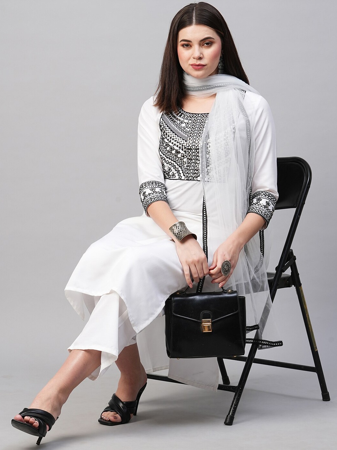 

KALINI Women Embroidered Mirror Work Kurta with Trousers & Dupatta, White