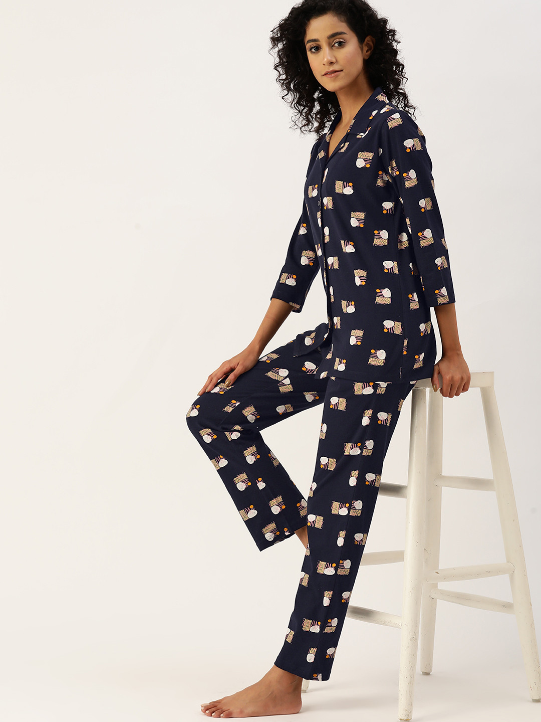

ETC Women Printed Pyjama Set, Navy blue
