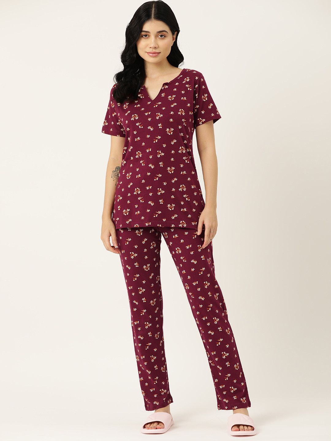 

ETC Pure Cotton Floral Print Pyjama Set, Maroon