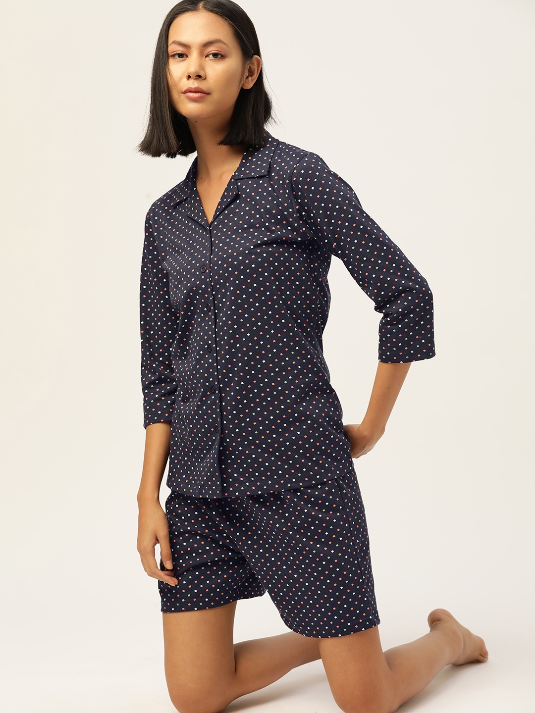 

ETC Women Pure Cotton Printed Night suit, Navy blue