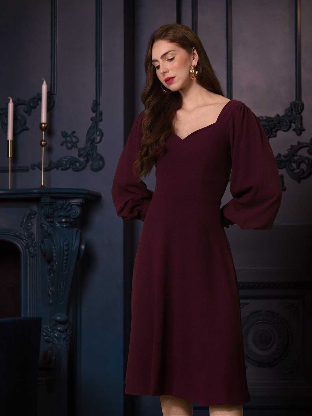 

all about you Puff Sleeves A-Line Midi Dress, Maroon