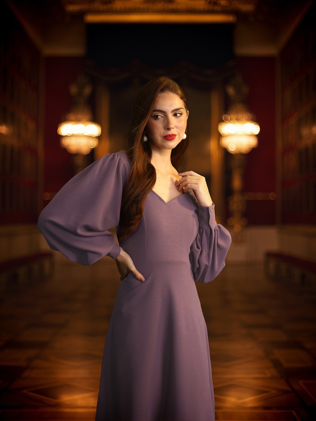 

all about you Puff Sleeves A-Line Midi Dress, Mauve