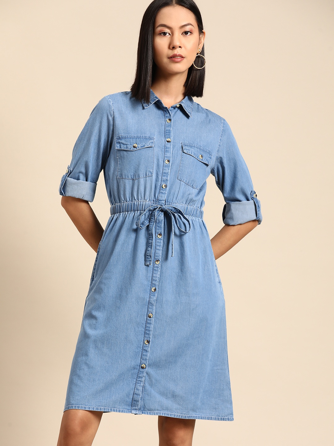 

all about you Pure Cotton Chambray Shirt Mini Dress, Blue