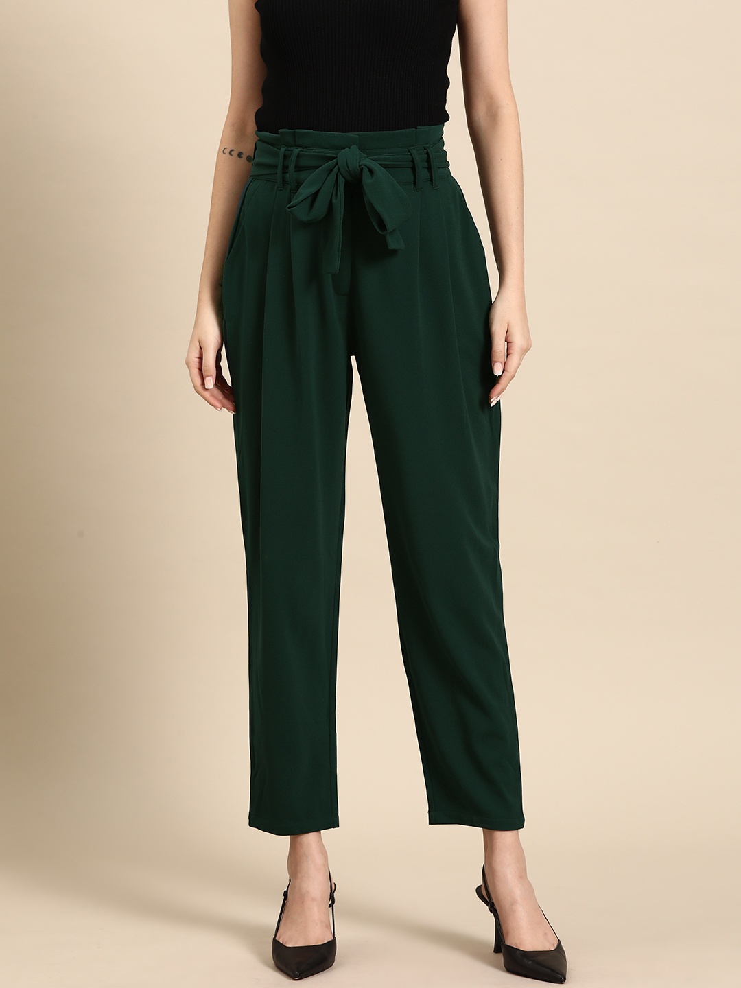 

all about you Women Pleated Trousers with Belt, Green