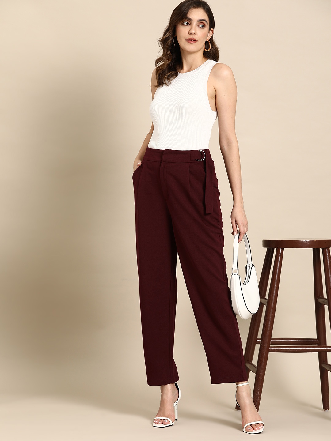 

All About You Formals Women Regular Trousers With Belted Detail, Maroon