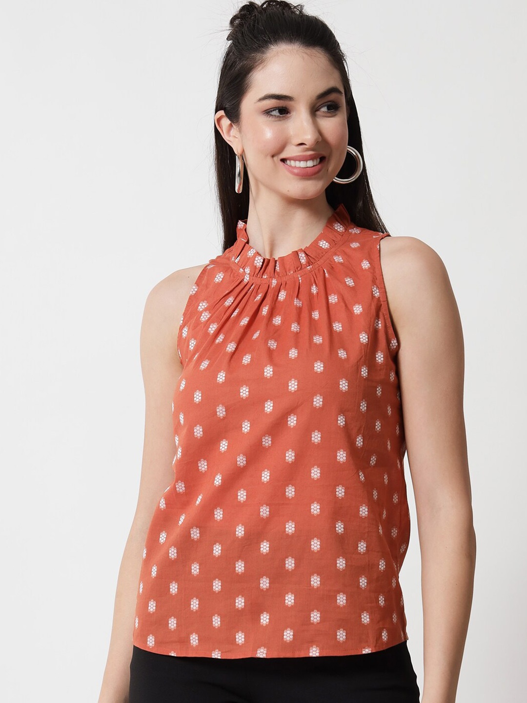 

CHARMGAL Polka Dots Printed Gathered Cotton Top, Rust
