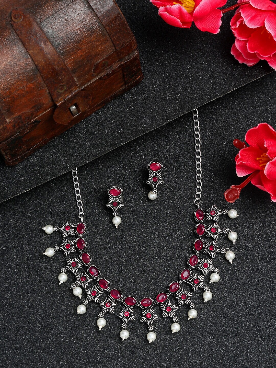 

YouBella Silver-Plated Stone-Studded Oxidised Jewellery Set, Red