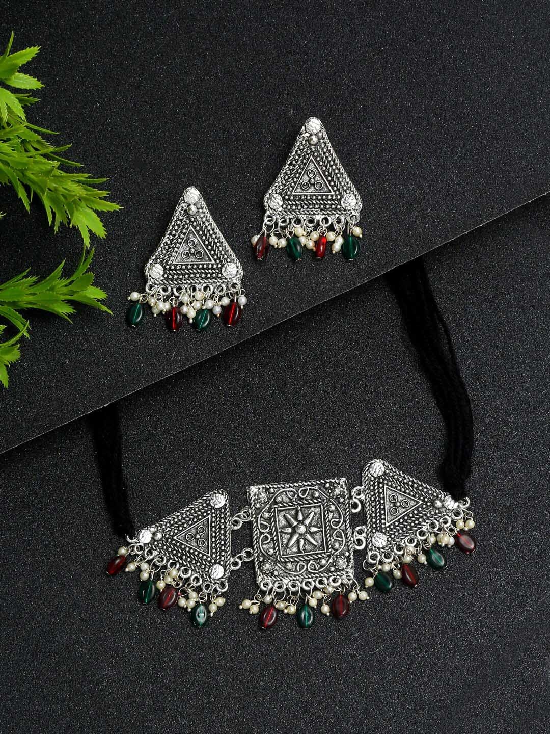 

YouBella Silver-Plated Stone-Studded & Beaded Oxidised Jewellery Set, Red