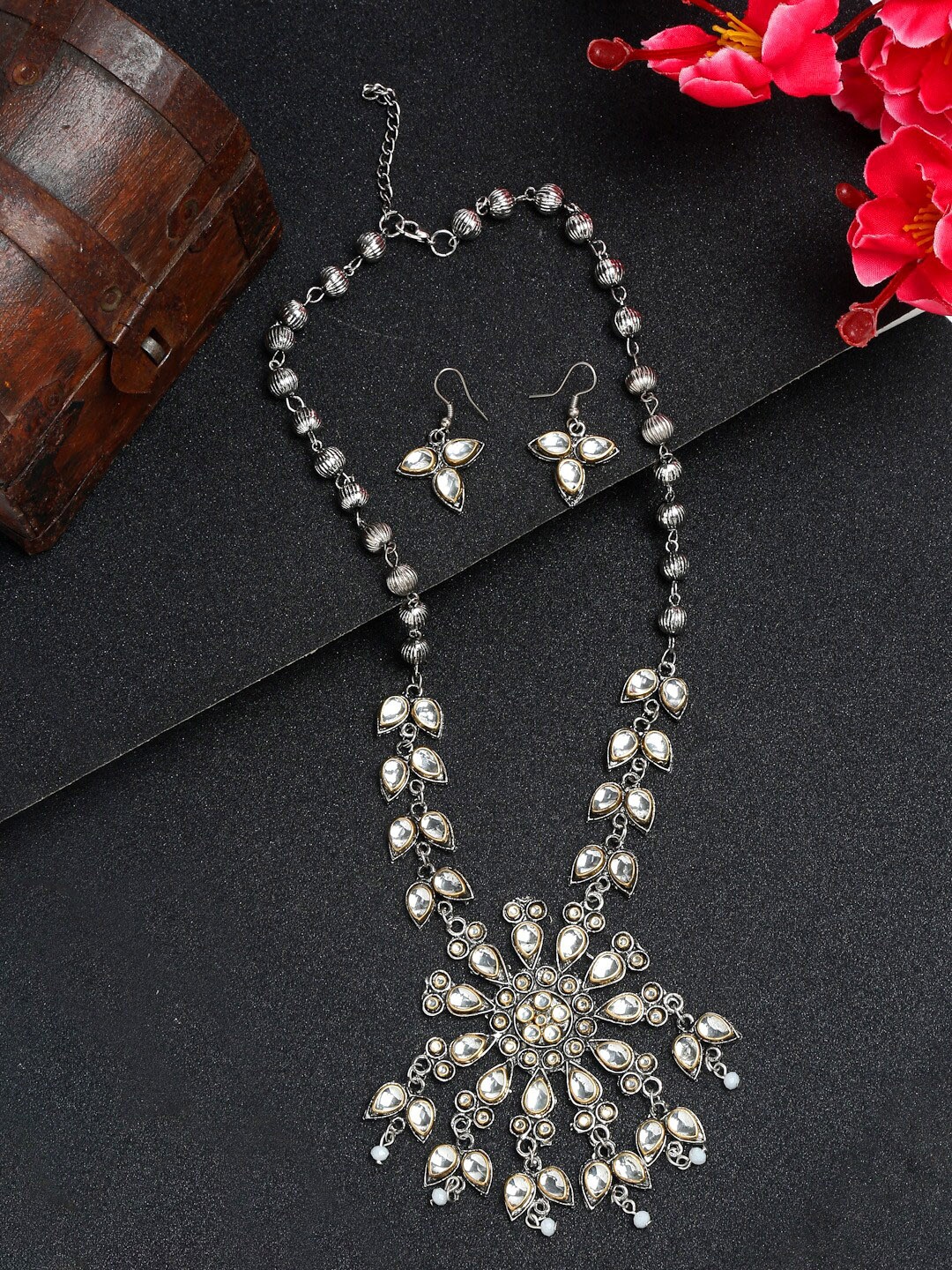 

YouBella Silver-Plated Stone-Studded Oxidised Jewellery Set, White