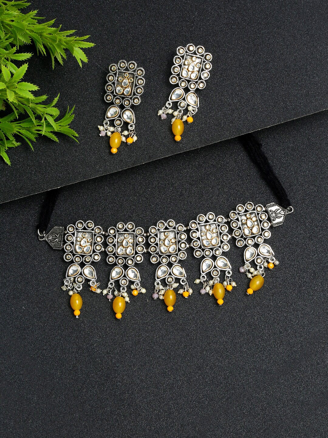 

YouBella Oxidised Silver-Plated Stone-Studded Jewellery Set, Yellow