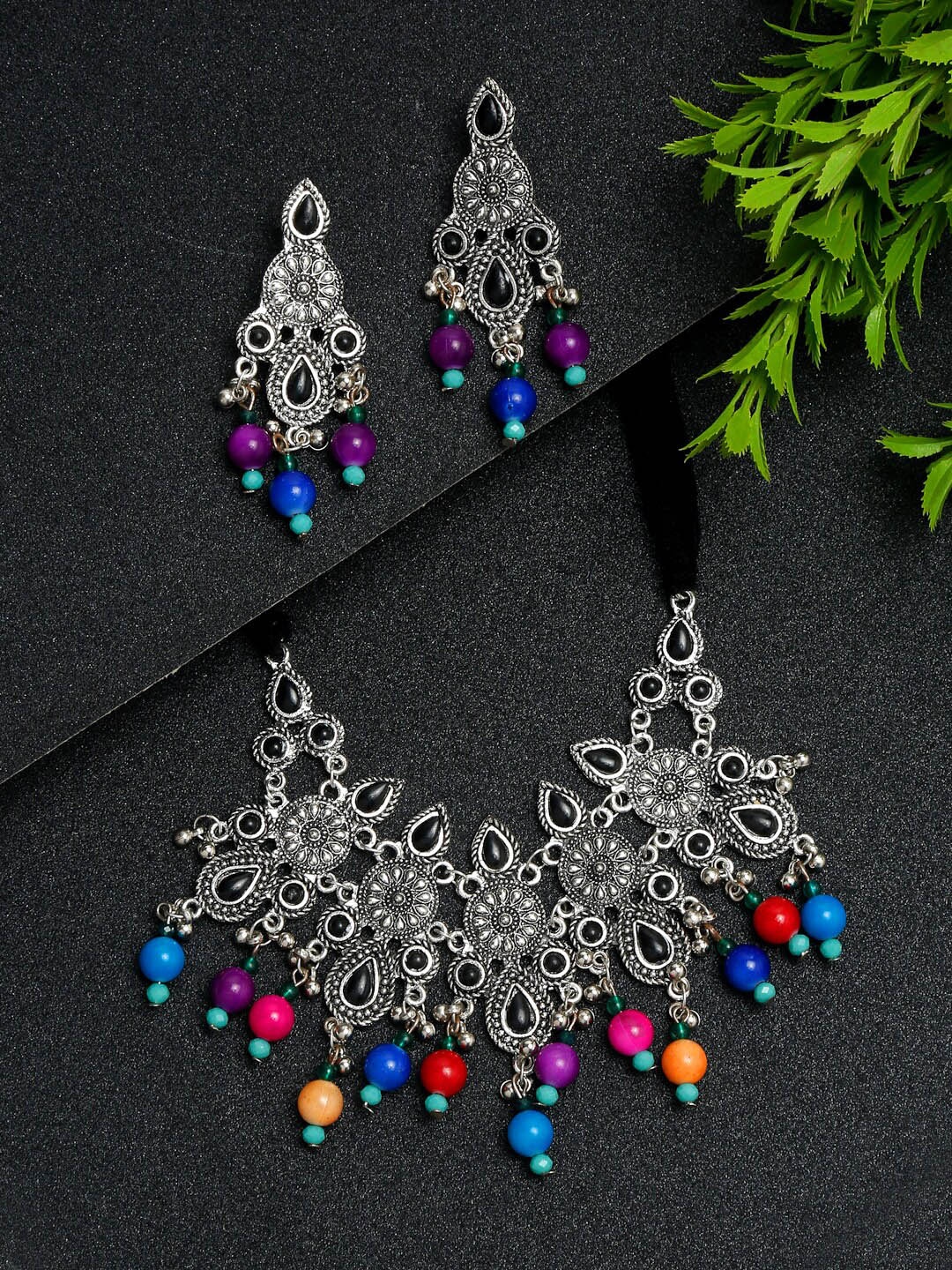 

YouBella Oxidised Silver-Plated Stone-Studded Jewellery Set, Blue