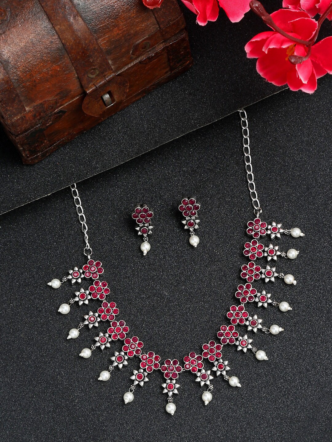 

YouBella Silver-Plated Oxidized Stone-Studded Flower Shaped Jewellery Set, Red
