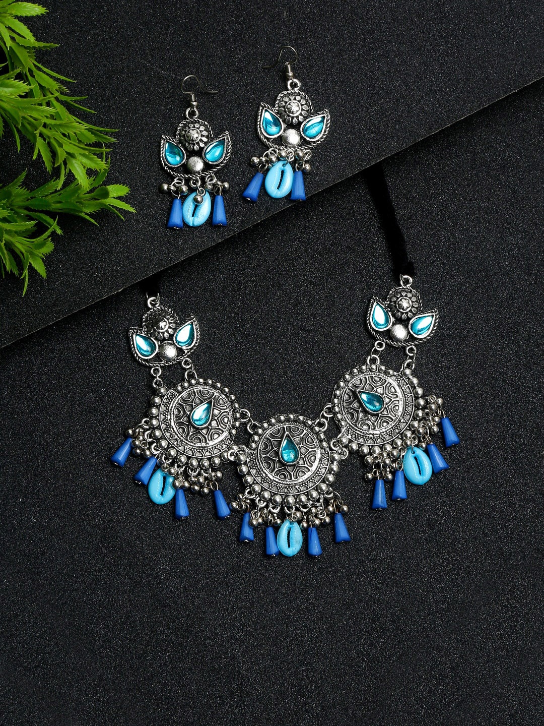 

YouBella Silver-Plated Stone-Studded Oxidised Jewellery Set, Blue