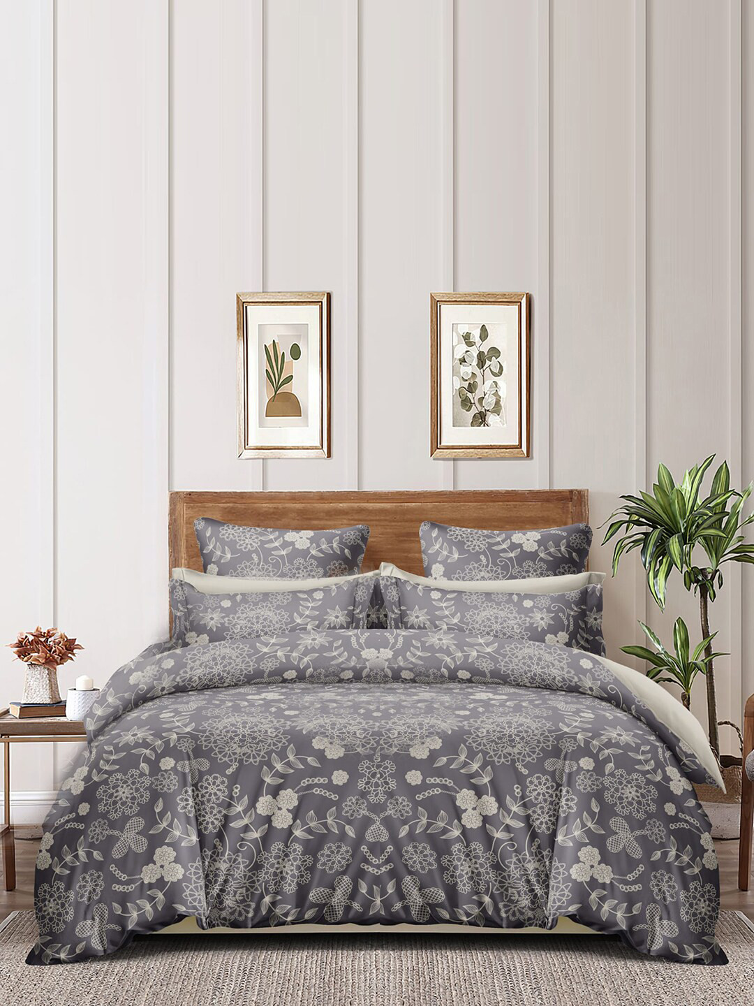 

homewards Grey & Beige Floral Microfiber AC Room 150 GSM Double Bed Comforter