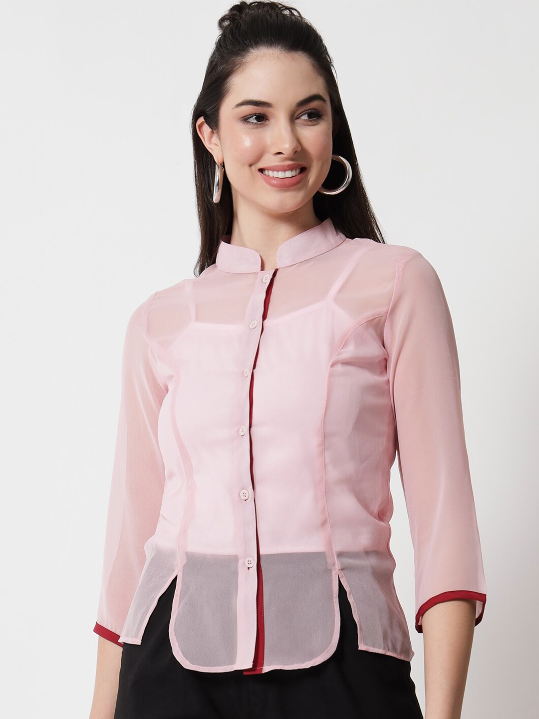 

CHARMGAL Women Pink Semi Sheer Casual Shirt