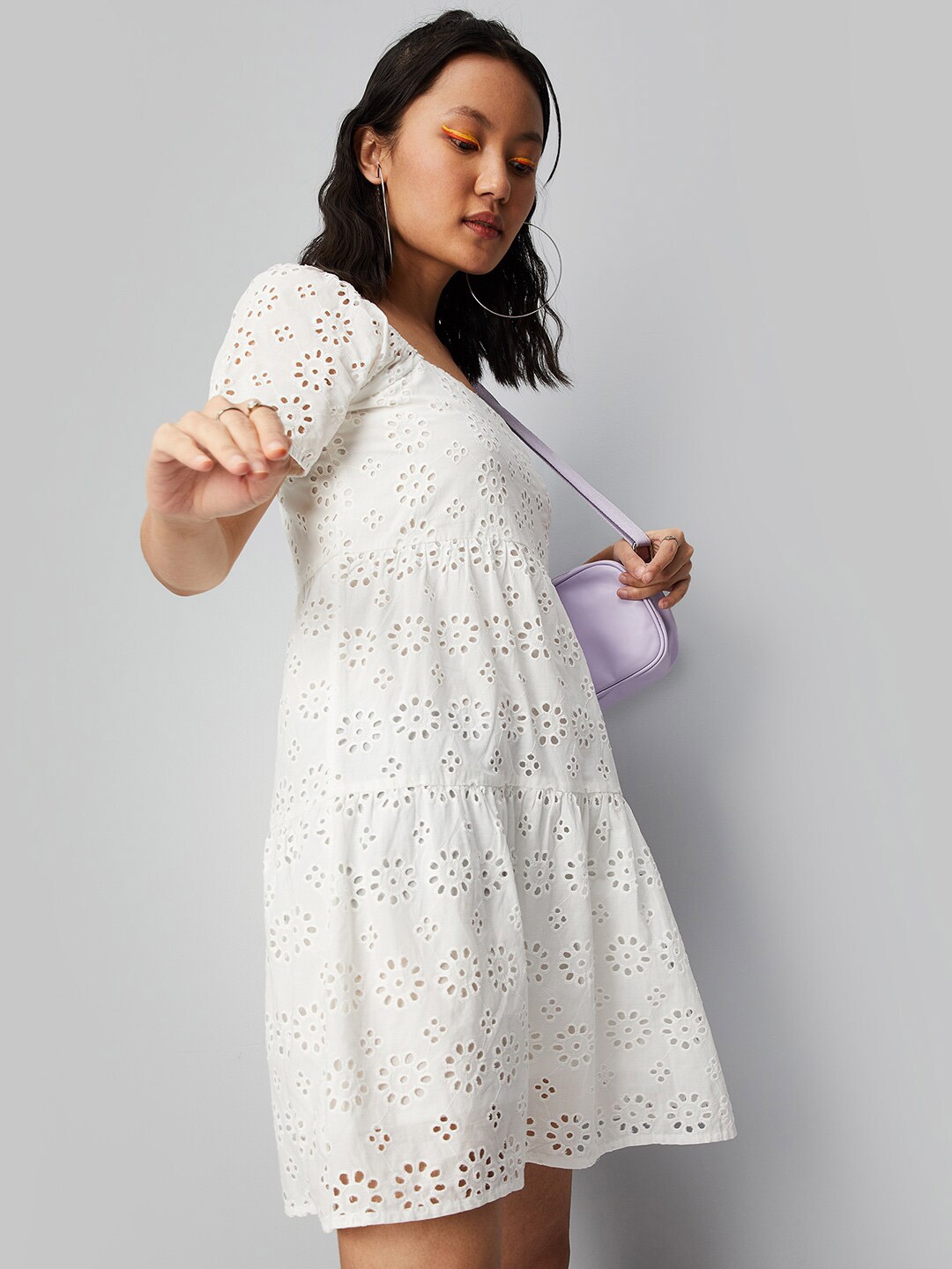 

max Sciffli Self Design Square Neck Tiered Pure Cotton Fit & Flare Dress, Off white
