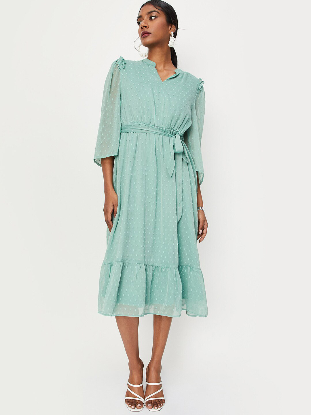

max Self Design Midi Belted Fit & Flare Dress, Green