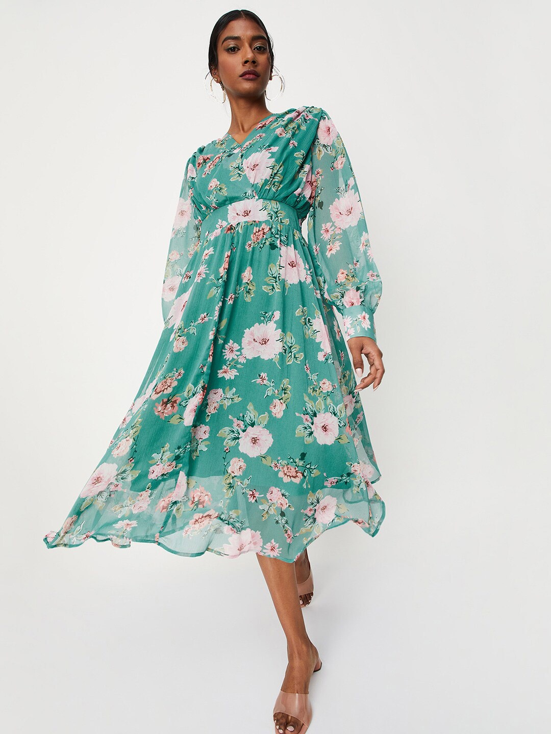 

max Floral Printed Belted Midi Wrap Dress, Green