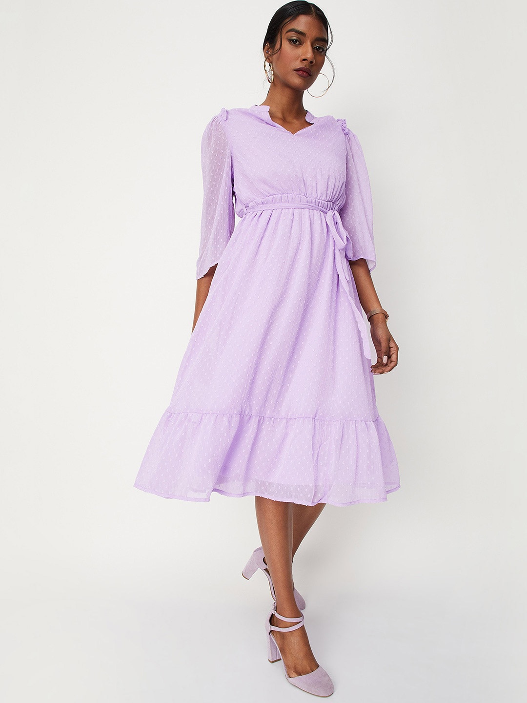 

max Puff Sleeves Belted Fit & Flare Dress, Lavender