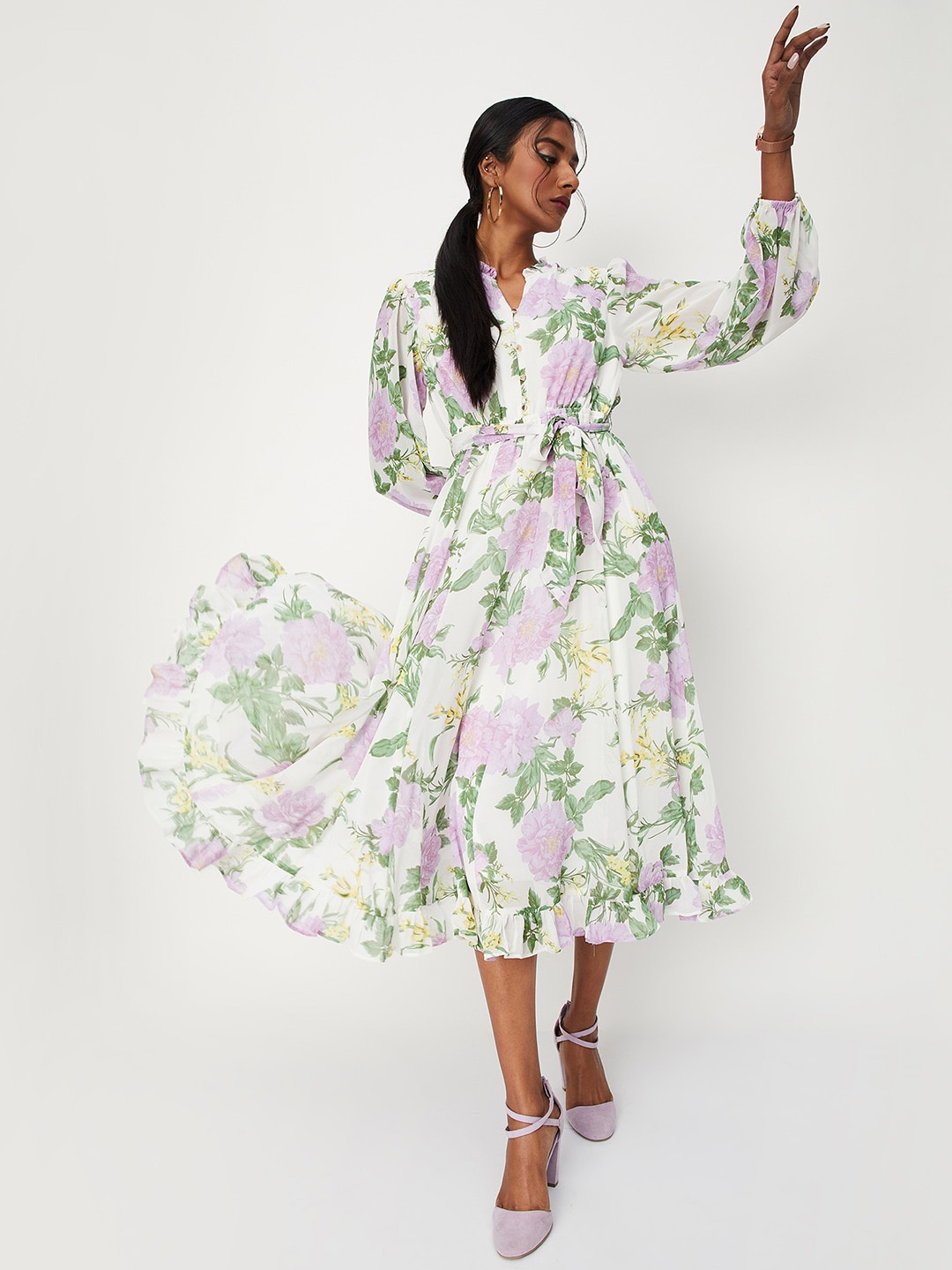 

max Floral Printed Flounce Midi Fit & Flare Dress, Off white