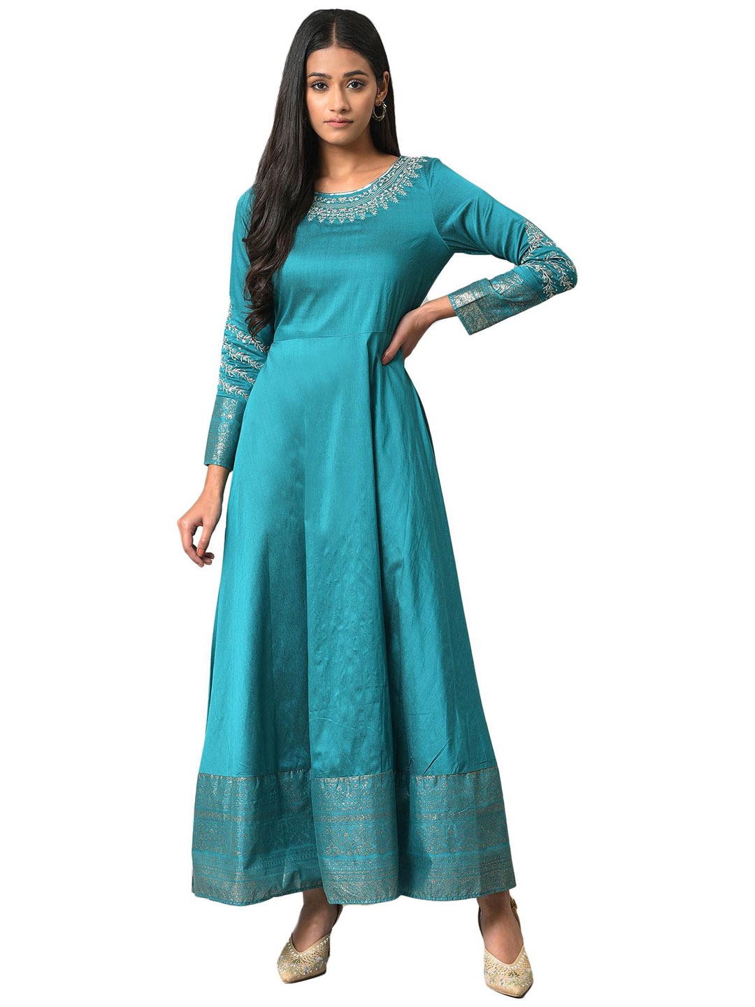 

W Round Neck Floral Maxi Ethnic Dress, Teal