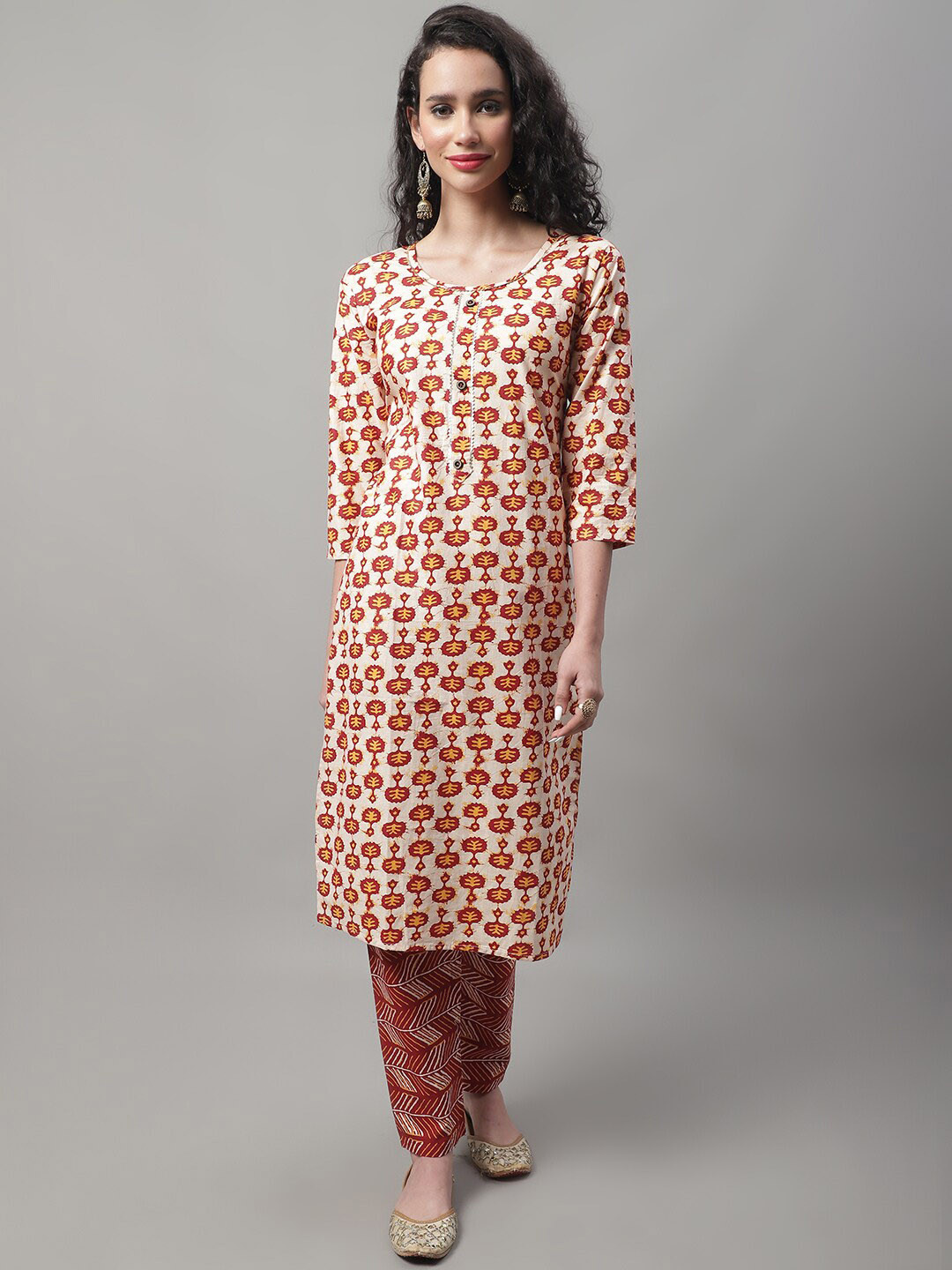 

VredeVogel Women Floral Printed Pure Cotton Kurta with Trousers, Red