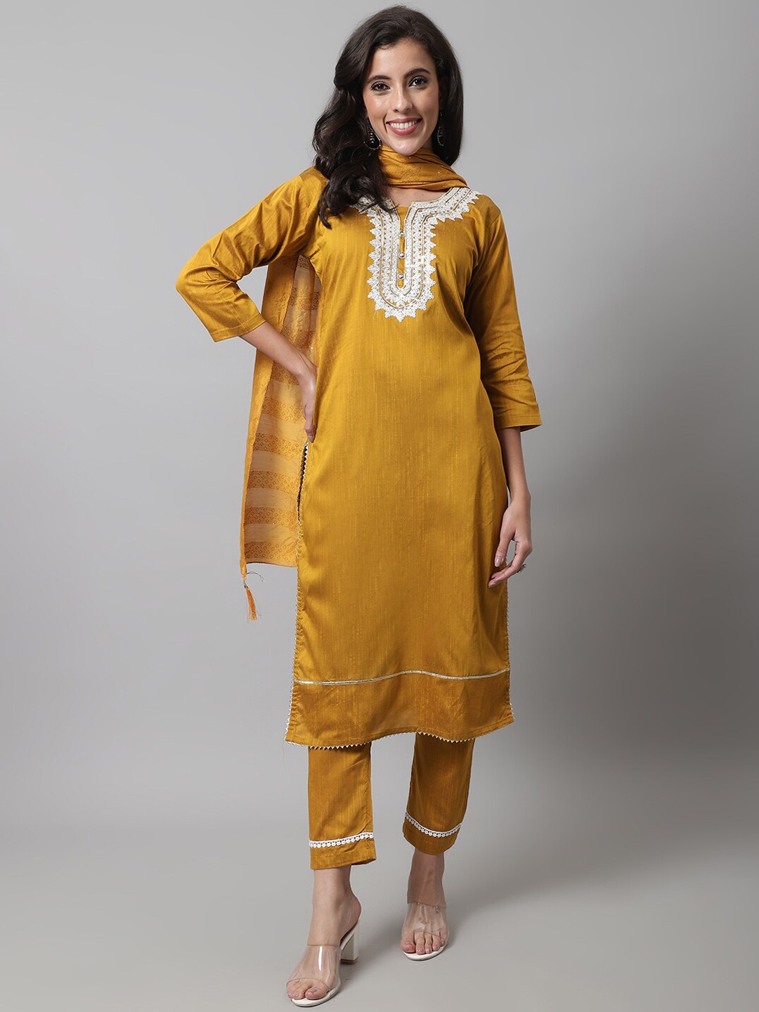 

VredeVogel Women Thread Work Kurta with Trousers & With Dupatta, Mustard