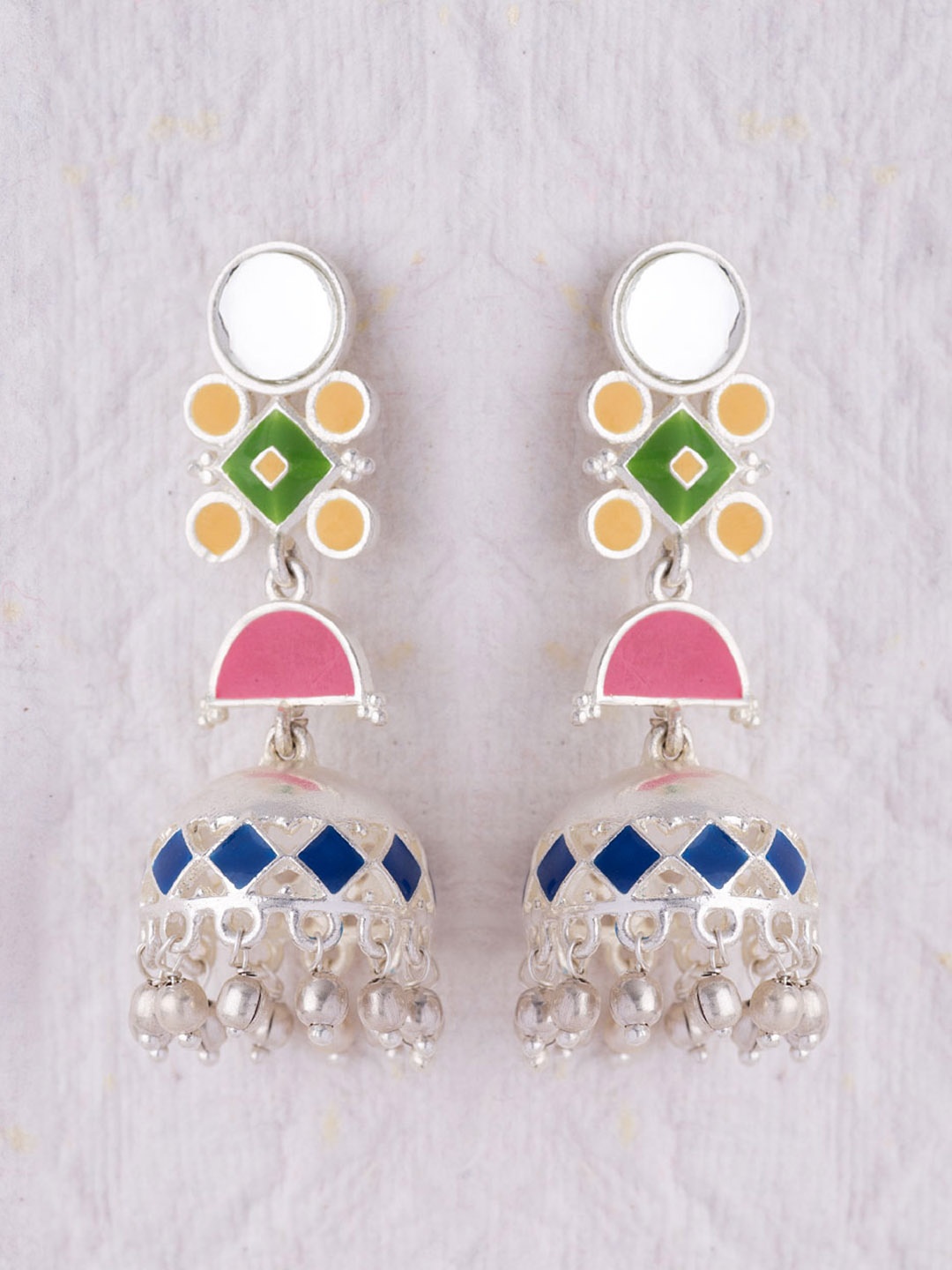 

Voylla Bandhej Silver-Toned & Blue Dome-Shaped Jhumka Earrings