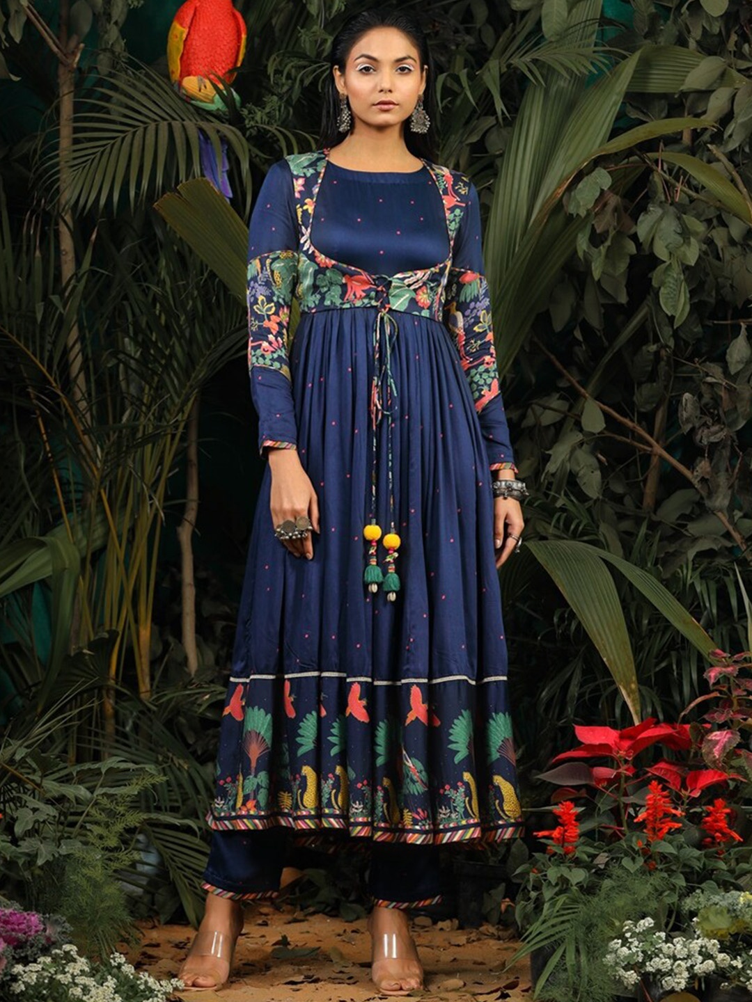 

Baise Gaba Floral Printed Pleated Satin Kurta with Trousers & With Dupatta, Blue