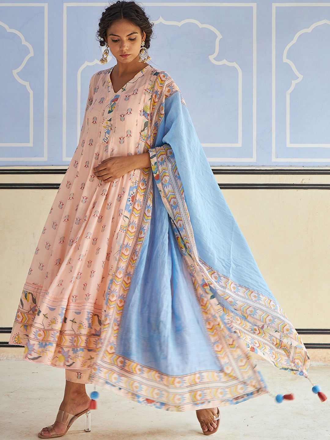 

Baise Gaba Ethnic Motifs Printed Pleated Kurta with Trousers & With Dupatta, Peach
