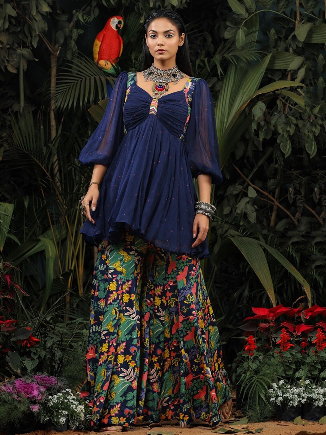 

Baise Gaba Floral Printed Pleated Kurta with Sharara, Blue