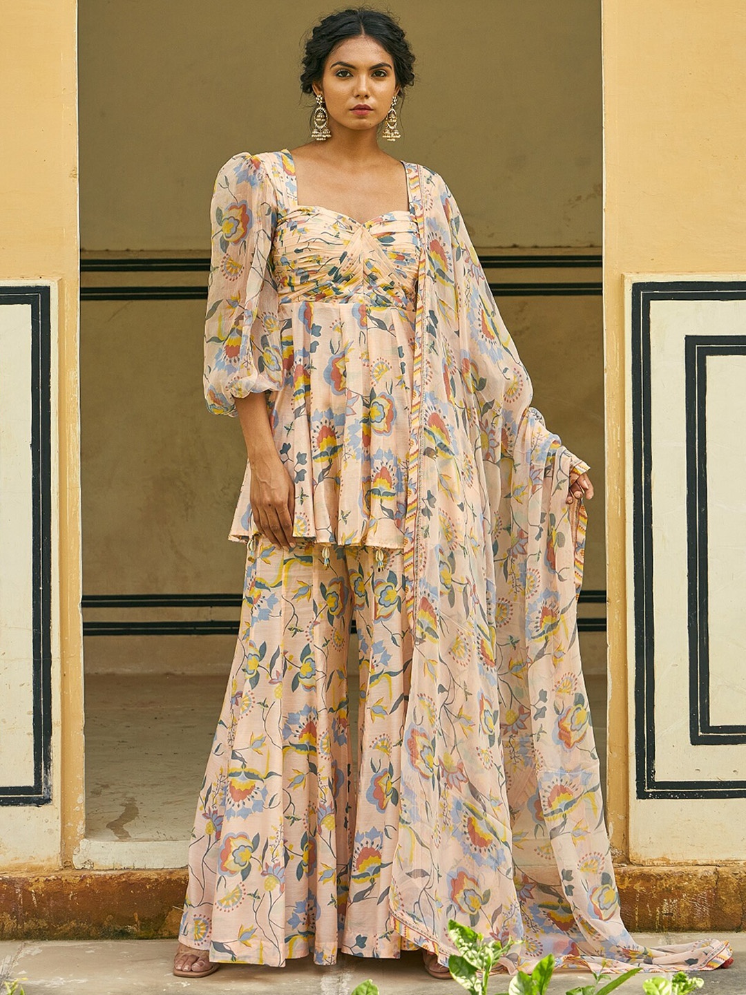 

Baise Gaba Women Beige Floral Printed Empire Kurta with Sharara & With Dupatta