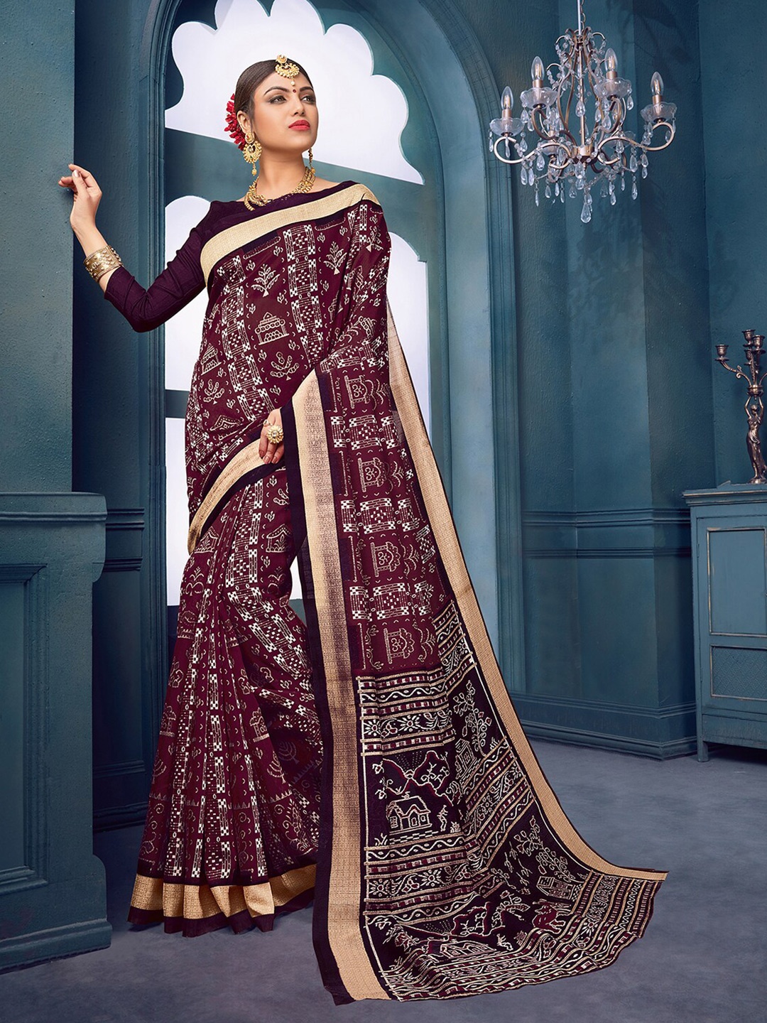 

KALINI Warli Printed Sambalpuri Saree, Burgundy