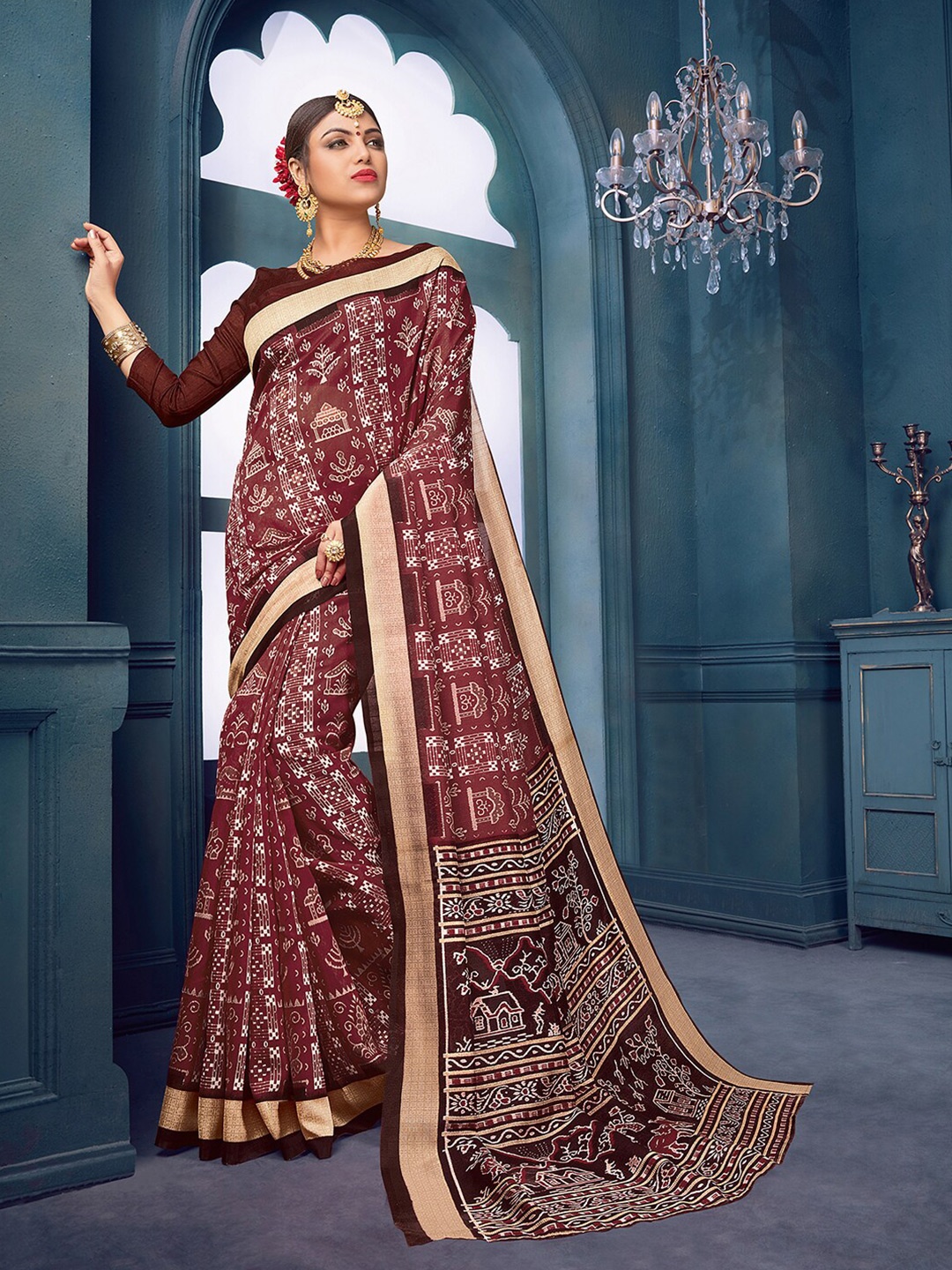 

KALINI Warli Printed Sambalpuri Saree, Brown