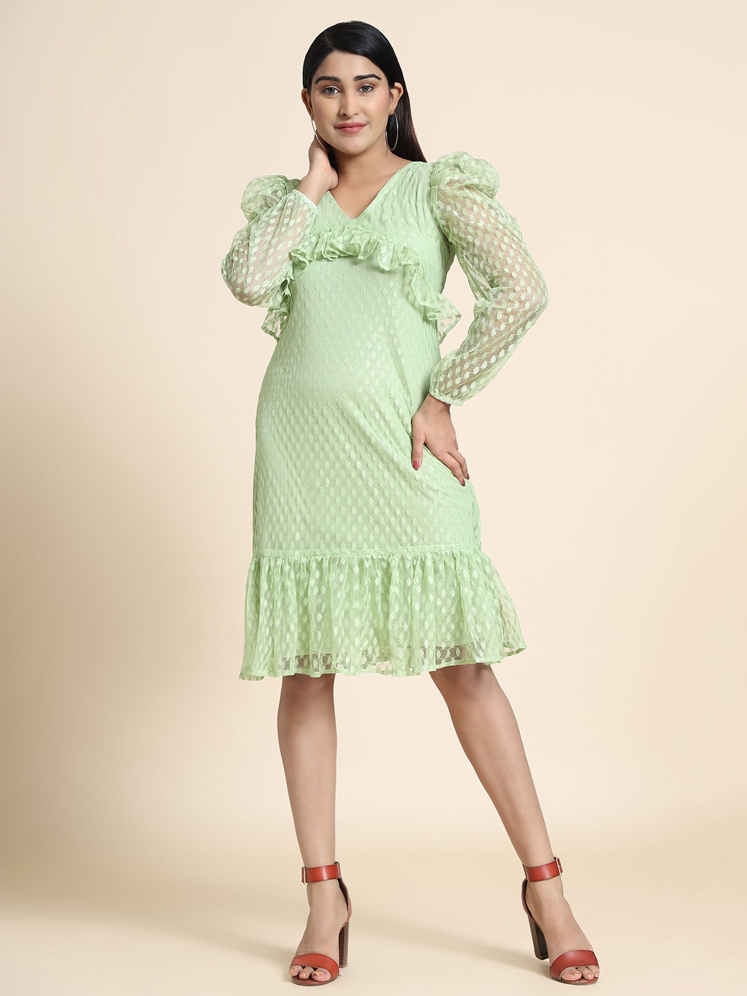 

AA-HA!! V-Neck Puff Sleeve A-Line Dress, Green