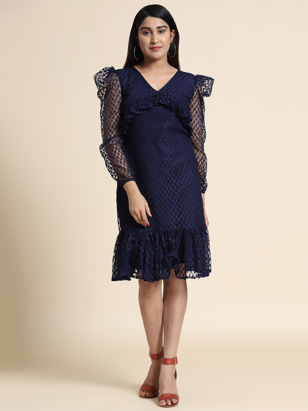 

AA-HA!! Puff Sleeve Sheath Dress, Navy blue