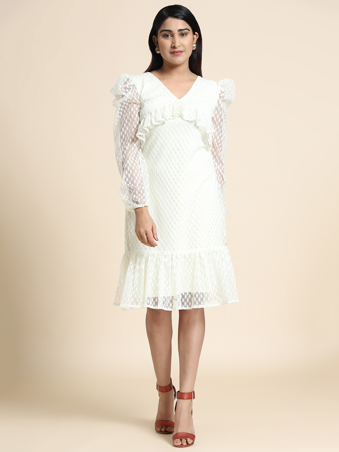 

AA-HA!! Self Design V-Neck A-Line Dress, White