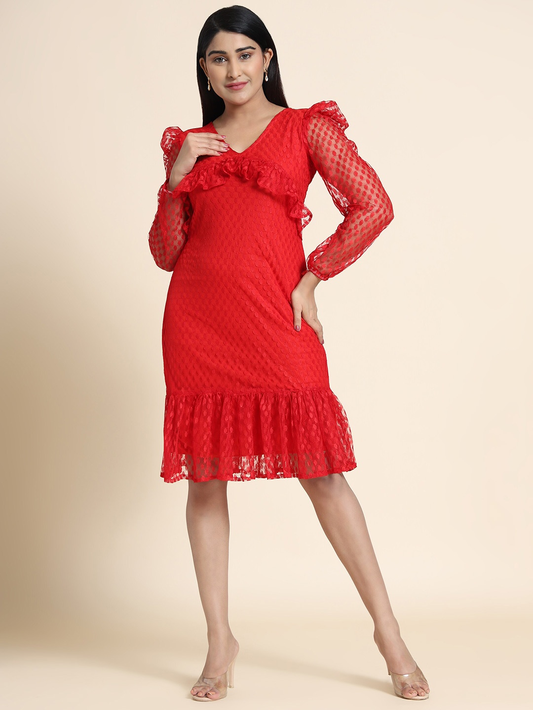 

AA-HA!! Self Design V-Neck A-Line Dress, Red