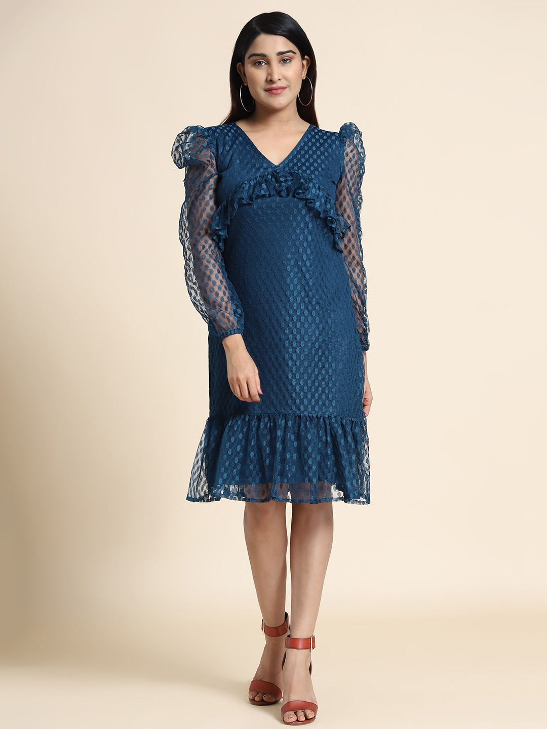 

AA-HA!! Self Design V-Neck A-Line Dress, Blue