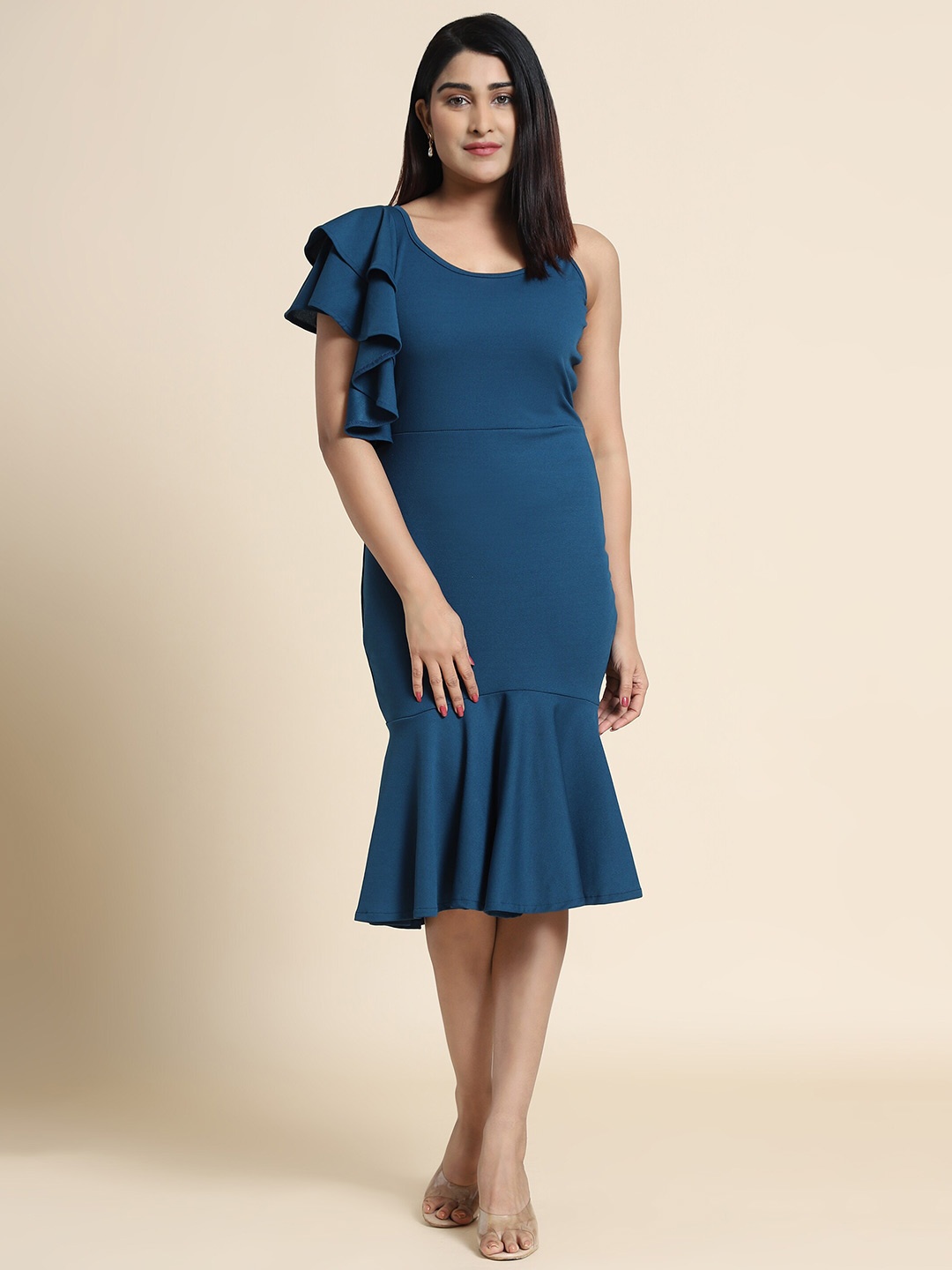 

AA-HA!! Flounce Hem Asymmetric Neck Sheath Dress, Green