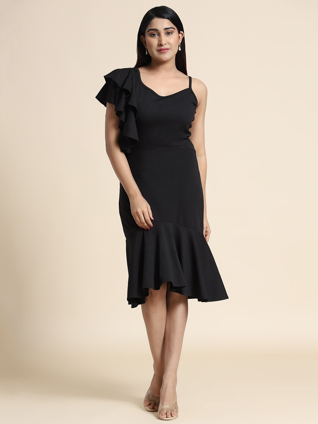 

AA-HA!! Flounce Hem Asymmetric Neck Sheath Dress, Black