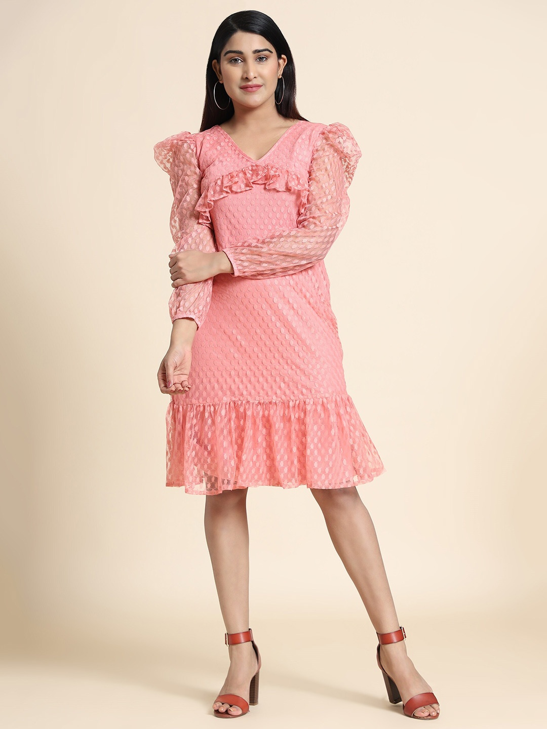 

AA-HA!! Self Design V-Neck A-Line Dress, Pink